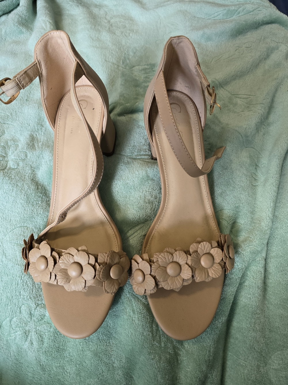 Neutral Floral Ankle-Strap Block Heels in Beige